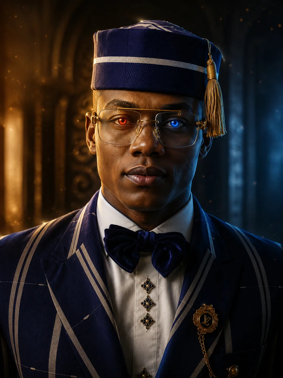 AVENOR character portrait in a striped ceremonial uniform