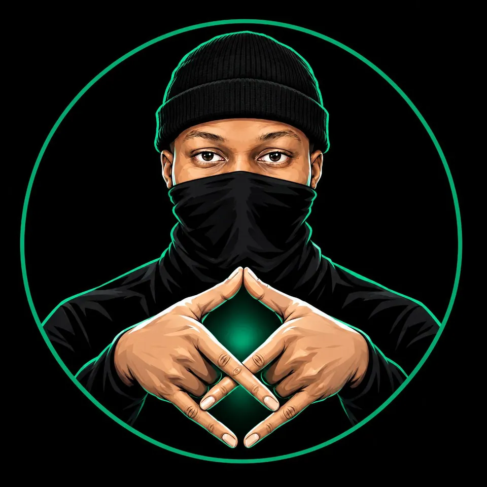 Olorunfemi Devor's avatar on black, the diamond hand sign glowing emerald