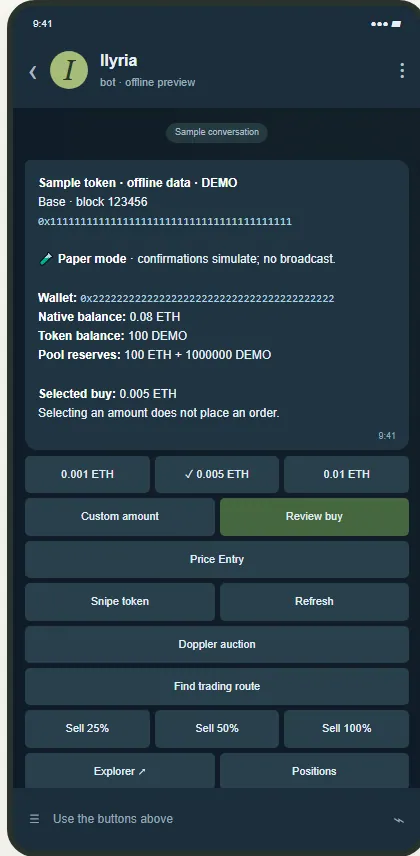 Ilyria in Telegram: reviewing a buy in paper mode