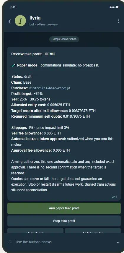 Ilyria in Telegram: attaching a take-profit rule to a confirmed purchase