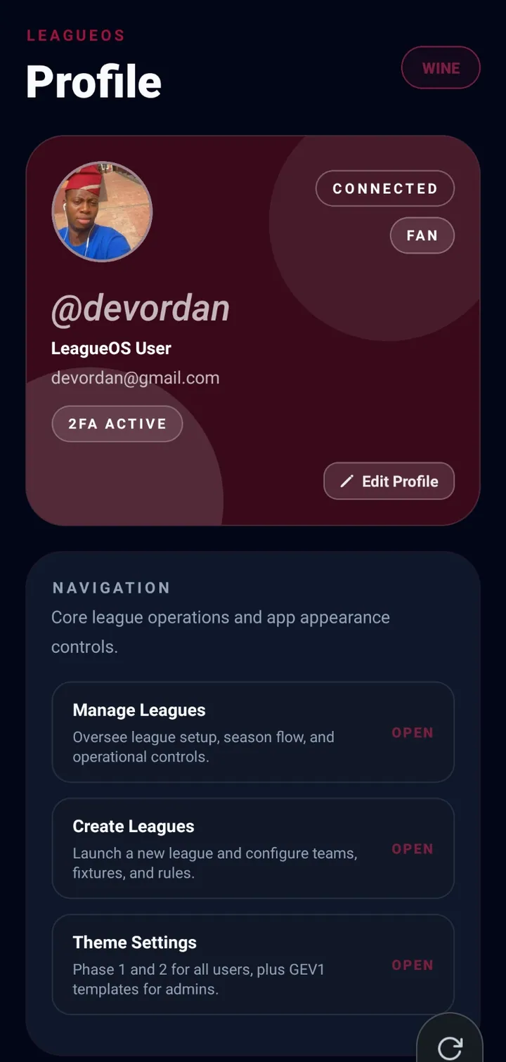 League OS profile: a connected fan account with two-factor authentication, and league management