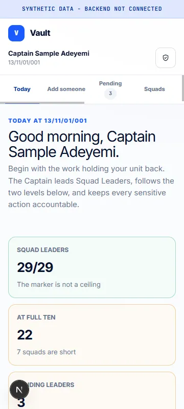 Vault on a phone: a unit captain's morning summary (synthetic data)
