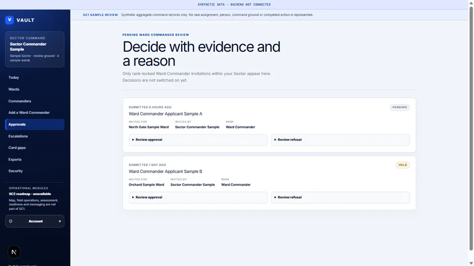 Vault sector command: 'Decide with evidence and a reason' (synthetic data)