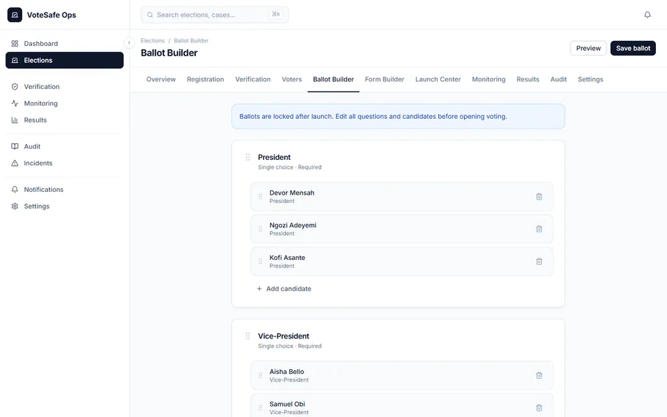 VoteSafe ballot builder (mock data)