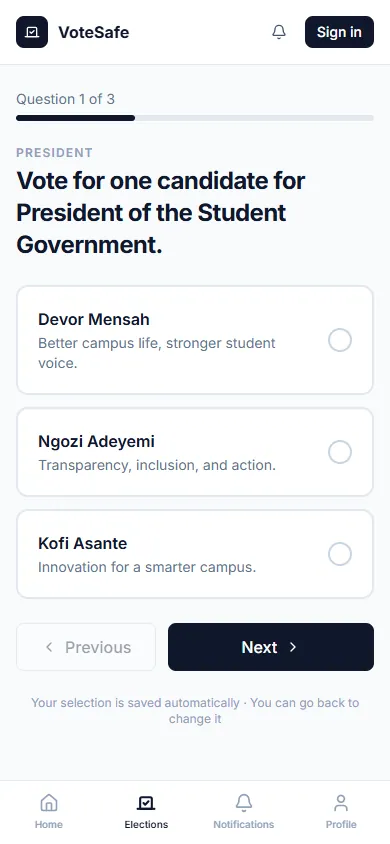 VoteSafe on a phone: casting a vote for student government president (mock data)